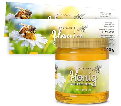 Honig Etiketten 500 g rechteckig selbst gestalten – ab 25 Stück – Honig Aufkleber personalisierbar, selbstklebend, ablösbar – Honigetiketten für Honiggläser – Bauchetiketten – (HONIG - 500 g - RE1)