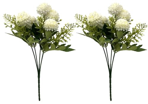 Hezhou 2 PCS Künstliche Pflanzen Blumen Deko Artificial Flowers Hortensienblüten Deko Seide Pompon Chrysantheme Kunst Blumen Seidenblumen für Hausgarten Party Büro Dekoration Hochzeit (weiß)