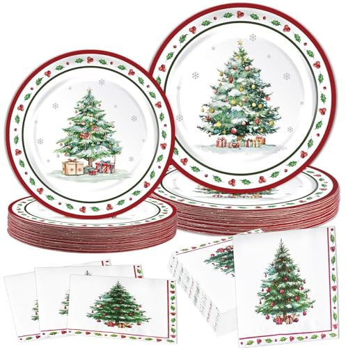 Christmas Plates and Napkins, Disposable Party Tableware Set, Serves 50