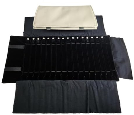 Tragbare Schmuckrolle, Aufbewahrungstasche, 16 Fächer, für Halsketten, Anti-Wickelschutz, Displaybox, Premium-Qualität, weicher Samt, elastische Bänder, Rostknopf-Design, leicht, stapelbar, für Reisen