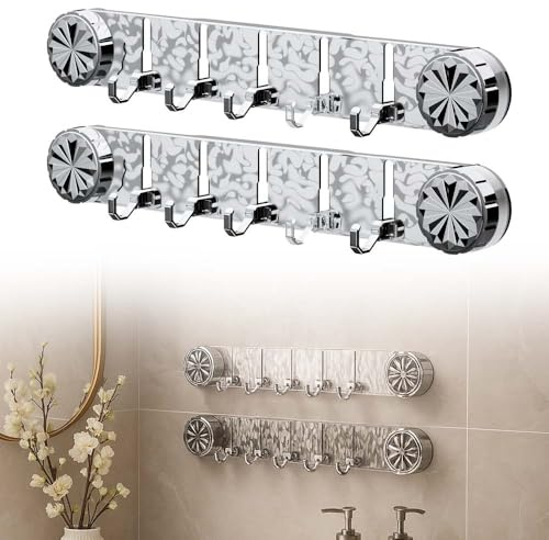 Kleiderhaken Wand mit 5 Haken, Garderobenhaken Keine Nägel Hakenleiste Garderobe für Schlafzimmer Bad Küche, Garderobenleiste Wandgarderobe Wandhaken für Mäntel, Taschen (2, Transparentes Weiß)
