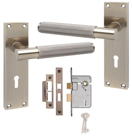 Golden Grace Victorian T-Bar Knurled Lock Door Handle, Key Lock Set | Includes spindle and screws for quick installation, with a warm antique brass finish and 150mm x 40mm backplates.