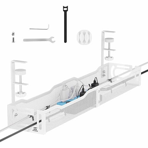 RYZAN Under Desk Cable Management Tray, Black & White Wire Organizer, 39cm & 64cm Metal Mesh Tray, Power Strip Holder with Mounting Kit (White, 64 CM)
