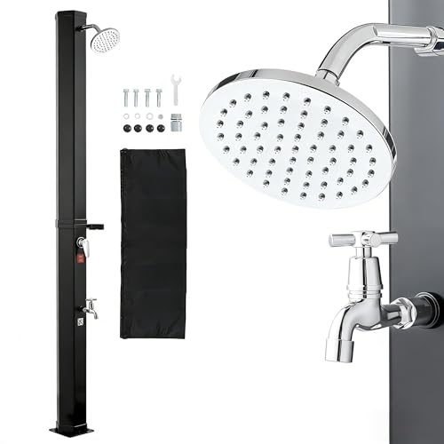 VEVOR Douche Solaire 35 L Douche Extérieur Solaire Autoportante pour Jardin Piscine Plage, Hauteur Pommeau 1,95 m, avec Robinet de Lavage des Pieds, Porte-Savon, Réglage Eau Chaude et Froide, Noir