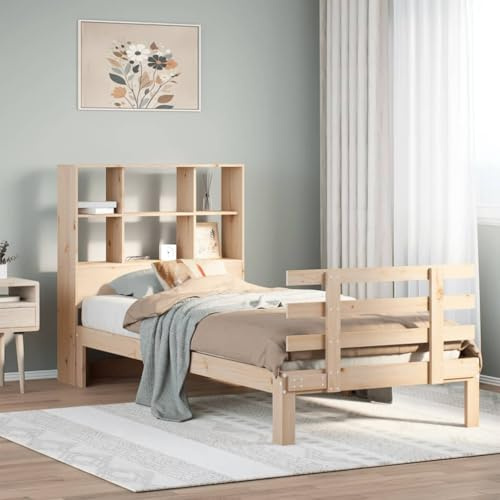 Ordellia Massivholzbett Kiefer Natur mit Regal, 90x190 cm, stabiles Bettgestell, Lattenrost, Stauraum für Schlafzimmer, langlebiges Einzelbett