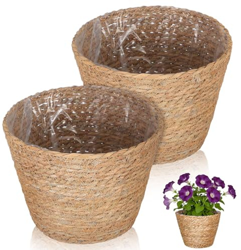 SHERCHPRY Panier Osier Plante Tressé 2 Pcs 23x23x16, 5cm | Paniers de Jardinière en Paille, avec Doublures Plastiques, Tressage Classique pour Décoration Intérieure