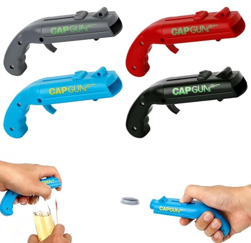 Flaschenöffner Cap Gun – 4 Stück Capgun Flaschenöffner Pistole mit Schussfunktion, Lustiger Bieröffner & Kronkorken Kanone, Cooles Party Zubehör & Männergeschenk (4 Farben)