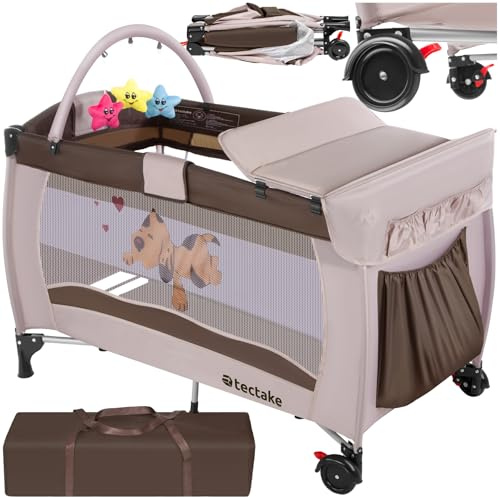tectake® Babyreisebett, Kinderreisebett, Reisebett höhenverstellbar mit Reisebett Matratze und Transporttasche, Babybett, Reisegitterbett, tragbares Beistellbett Baby - 132 x 75 x 104 cm - Braun