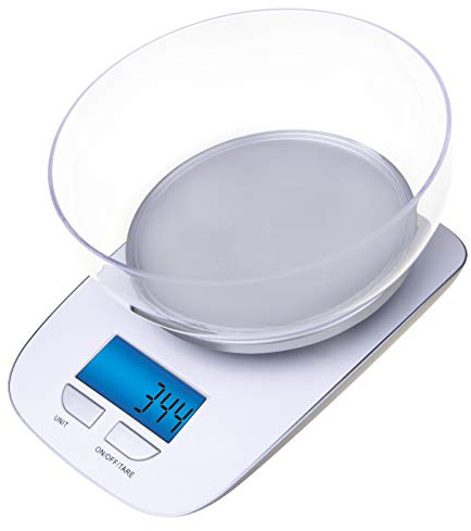 EMOS digitale Küchenwaage mit Rührschüssel, Digitalwaage mit beleuchtetem LCD Display, TARA-Funktion, Nahrungsmittelskala/Elektronische Waage mit Präzision bis zu 1g, Tragkraft 5 kg
