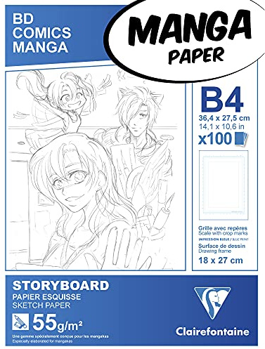 Clairefontaine 94039C Blocco collato Manga e Storyboard - 100 Fogli di carta per Schizzi Bianca B4 27,5x37,4 cm 55g - Carta stampata con Graduazione semplice