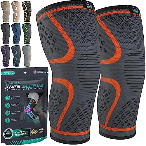 Modvel Knee Braces for Knee Pain Women & Men - 2 Pack Knee Brace for Knee Pain Set, Knee Brace Compression Sleeve, Knee Braces for Knee Pain Meniscus Tear, ACL & Arthritis Pain Relief - Knee Sleeves