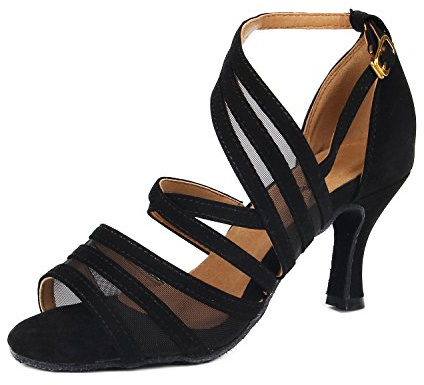 Syrads Chaussures de Danse Latine pour Femmes Chaussures de Danse Tango Valse Samba Salsa Sandale Talon Haut, Noir-7.5cm, 40 EU
