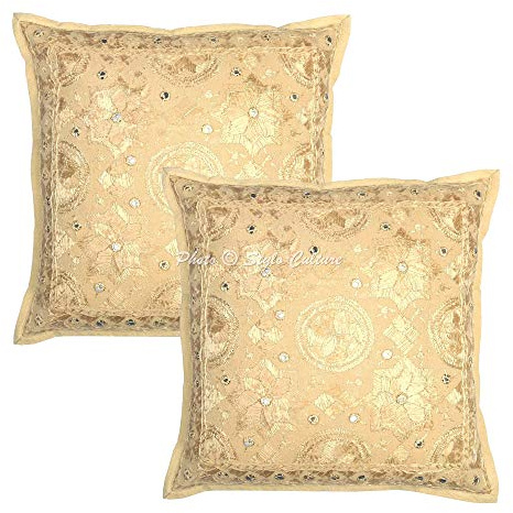 Stylo Culture Ethnicas Funda Almohadon Decorativos 40x40 cm Algodón Espejado Fundas para Almohadones Cama Beige 16x16 Inch Bordado Cuadrado sobre Fundas para Los Cojines del Sofa - 2 Pcs