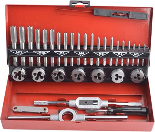 Gunpla 32-tlg. Gewindeschneidsatz Metrisch M3-M12, Wolframstahl Gewindebohrer und Schneideisen Set mit Windeisen, Schneideisenhalter, Schraubendreher und Gewindelehre speziell für Feingewinde