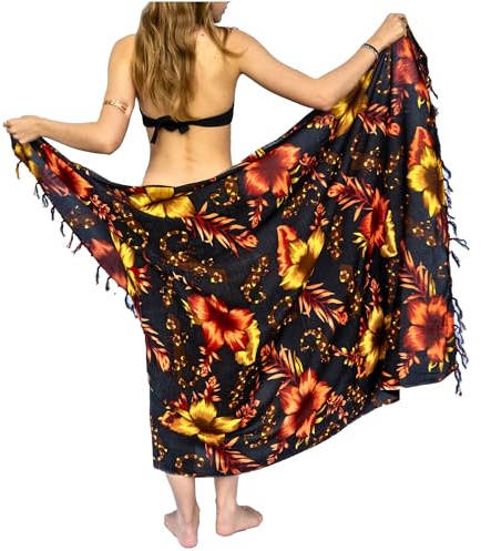 NELUHA Sarong damduk med saronghållare pareo omlottduk handduksklänning omlottkjol dam strandhandduk xxl duk män pareo dam strandhandduk dam, Svart/orange salamander, 200x150cm
