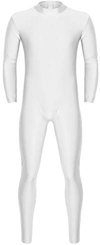 MSemis Erwachsenen Einteiler mit Reisverschluss für Männer Langarm Unterwäsche Ganzkörperanzug Stehkargen Tanzbody Turnanzug Ganzanzug Leotard Weiß XL
