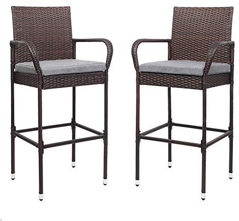 VINGLI Outdoor Wicker Bar Stools Set of 2 with Cushions, Tall Patio Chairs for Garden, Pool, Lawn, Backyard