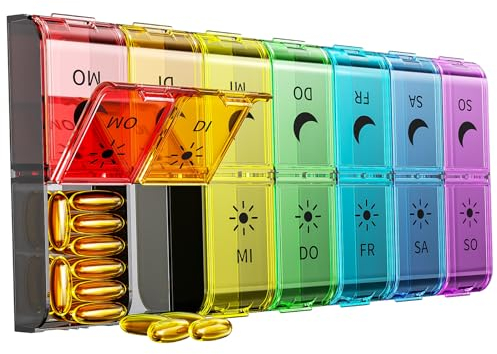 COLORWING Pastillero Semanal 2 Tomas Español, Pastillero Grande con 14 Compartimentos XL, Pastillero Diario para 7 Días, Organizador de Pastillas y Medicamentos, Perfecto para Uso en Casa y Viajes