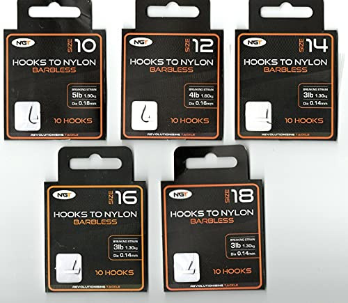 NGT Lot de 50 hameçons sans ardillon en nylon de taille 10, 12, 14, 16 et 18