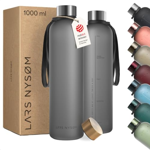LARS NYSØM Trinkflasche 1l | Wasserflasche 1000ml | Ultraleichte Tritan Sport Flasche auslaufsicher, Kohlensäure geeignet - für Sport, Büro, Yoga | 2 Deckel inkludiert (Ash Gray, 1000ml)