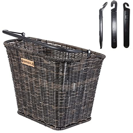 Basil Bremen Lenkerkorb Fahrradkorb Rattan-Look Kunststoff in Dunkelbraun inkl. 3 Reifenheber