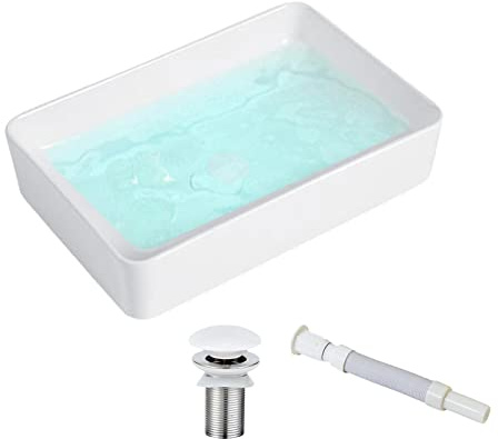 KINGWONG Waschbecken für Badezimmer, 50,8 cm, modernes rechteckiges Badezimmer, Waschtisch, Waschbecken über der Theke, weiß, Keramik, Porzellan, Aufsatzmontage, Waschbecken, 50,8 x 33 cm, Lavamanos