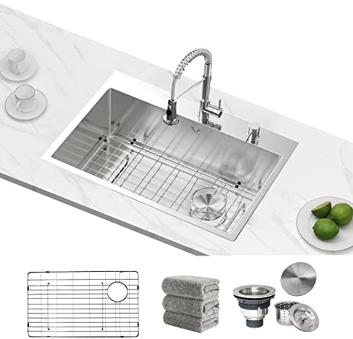 Kitchen Sink 27 x 22 inch Drop-In Top Mount 16 Gauge Tight Radius Single Bowl 2-Hole Stainless Steel Kitchen Sink and Accessories (Pack of 4)