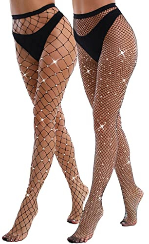 VEBZIN 2-pack Sparkly Large And Medium Mesh Fishnet Tights för kvinnor sexiga glitter strass fisklager, svart, one size
