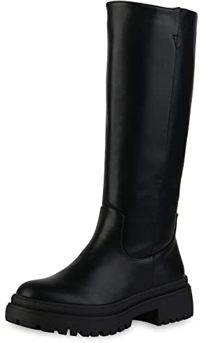 VAN HILL Damen Leicht Gefütterte Plateaustiefel Blockabsatz Stiefel Plateau Vorne Schuhe Profilsohle Boots Plateauschuhe 208681 Schwarz 40
