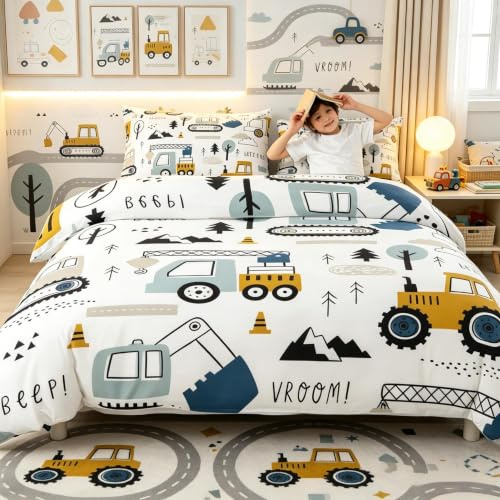 Loussiesd Cartoon Car Kids Bedding Set Construction Bedding Duvet Cover Decor Equipment Trucks Comforter Cover Cartoon Car Excavator Tractor White Yellow Bedspread Cover Bedroom King 3Pcs