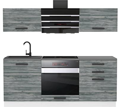 Belini Küchenzeile Küchenblock Sophia - Küchenmöbel 180 cm Einbauküche ohne Elektrogeräten mit Hängeschränke und Unterschränke, mit Arbeitsplatten, Glamour Wood