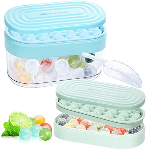 Webake Mini Round Ice Cube Trays Balls Silicone 6 Pcs 2.3 cm Sphere Ice Cube Mould with Lid and Storage Circle Ice Maker for Ice Chilling Cocktail Tea Coffee, 2 Trays, 2 Lids, 1 Ice Bucket & 1 Scoop