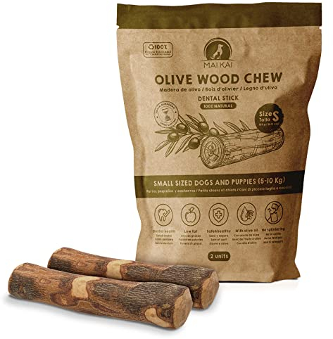 MAIKAI Packung 2 Kauholz für Hunde aus Olivenholz Größe S – Natürlicher Hundeknochen – Ideal für Kleine Rassen bis 10 kg – Hilft beim Stressabbau – Beseitigt Zahnstein – Hundespielzeug