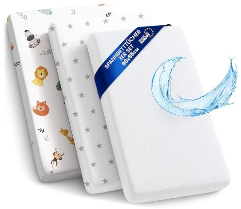 Barnvagnslakan barn resårslakan 3-pack: Set om 3: 55x90 cm- 2x lakan + 1x vattentätt madrasskydd - Spjälsängstillbehör för barnsäng, sidovagn babysäng 55 x 90