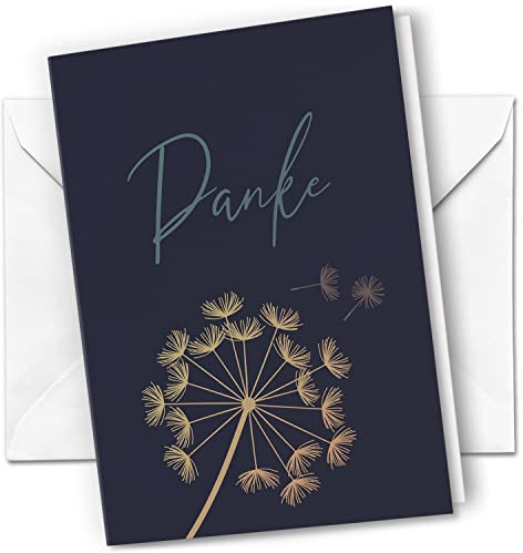 Danksagungskarten Trauer – 10 Klappkarten mit Umschlägen – Motiv: Pusteblume beige auf Blau – Trauerkarten Danksagung mit Text – Dankeskarten Trauer nach Beerdigung