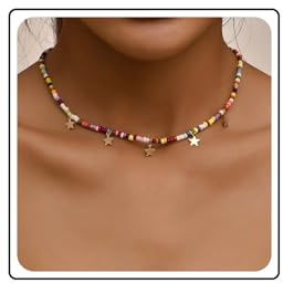 Wendaler Boho Halskette mit bunten Samenperlen und Goldstar Charmen - Multicolor handgemachter Aussage-Schmuck für Frauen und Mädchen