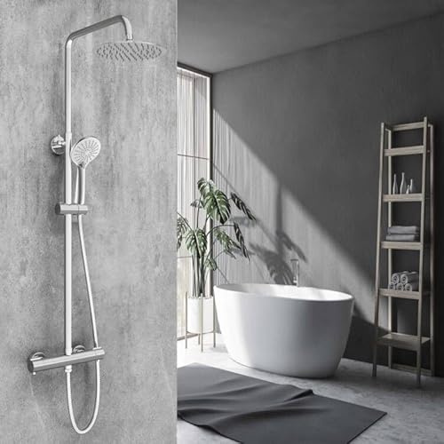 OCEAN ITALY Set Doccia con Soffione e Doccetta Rotondi in Acciaio INOX, Colonna Doccia Termostatica, Saliscendi Doccia Regolabile in Altezza, Kit Doccia con Miscelatore Termostatico