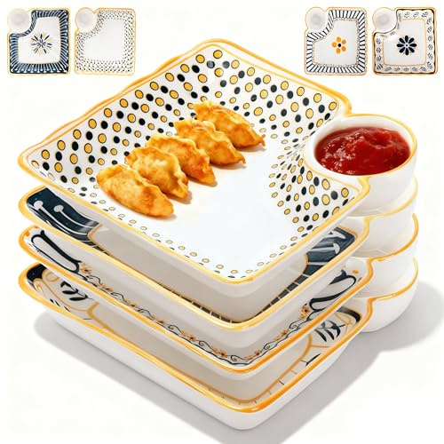 Noamus 4 Pack Dumpling Plate with Dipping Saucer, 7.5 Ceramic Japanese Sushi Platter, Colorful Square Serving Plate with Dish for Home Kitchen, Snack Dessert Salad Fries Fruit Gyoza