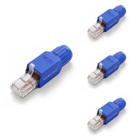 VCELINK Cat6A Connettori RJ45 Senza Attrezzi,10Gbps/500MHz, Blu, 4 Pezzi | UTP Plug Ethernet Placcato Oro Riutilizzabili per Router, Switch, Modem, PC