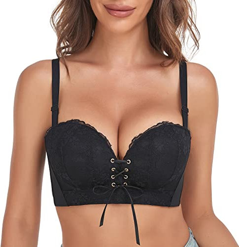 FallSweet Add Two Cups Lace Push Up Bra Ultra Padded Wireless Support Brassiere (Black, 36B)