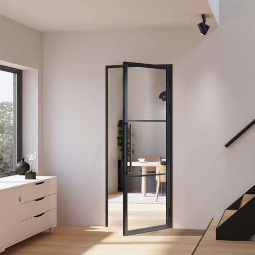 inova Zimmertür Lofttür Industrial Look mit Beschlag & Zarge Glastür Komplettset mit Beschlag und Zarge 830x2115mm DIN rechts Griffstange
