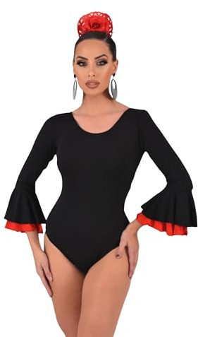 AMINA JAADE Lycra-Body für Flamenco-Tanz oder Sevillana-Tanz, Doppel-Rüschen am Ärmel, elastischer und hochwertiger Stoff., Schwarz , XL