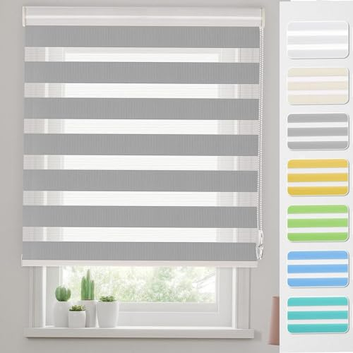 Thermo Rollo Verdunklungsrollo 80 x 150 cm Dachfenster Verdunkelung Sonnenschutz Fensterrollo Zebrarollo Seitenzugrollo mit Bohren für Fenster & Tür, Hellgrau