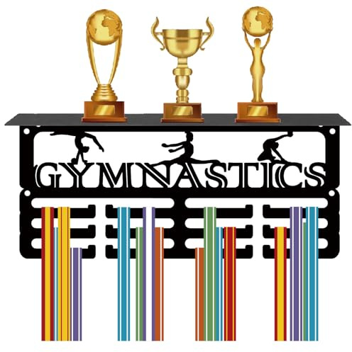 CREATCABIN Gymnastik-Medaillenhalter,Trophäenregal,Medaillenaufhänger,Display Mit Regalständer,Kleine Sportarten,4 Reihe,Wandhalterung,Für Damen Herren,Laufen,Auszeichnungenständer,29x13x10cm-Schwarz