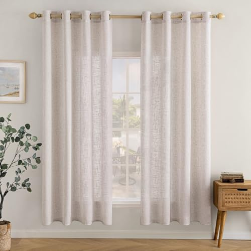 EMEMA Leinenvorhang Gardinen Vorhänge mit Ösen Weiß 2er H137xB140cm | 2er Set Leinenvorhang mit Ösen Halbtransparent für Wohnzimmer Dekoschal Kinderzimmer Schlaufenschal Küchengardinen 140x137cm