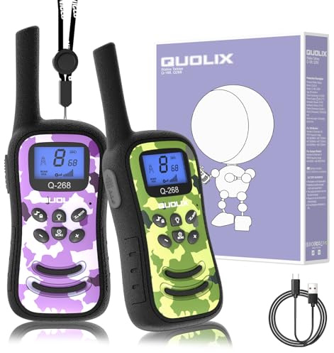 QUOLIX Walkie Talkie Niños Recargable 2pcs, Comunicación Bidireccional 8 Canales Radio de Larga Distancia de 2 km con Interna, Pantalla VOX, Juguete de egalo para niños (Verde + Morado)