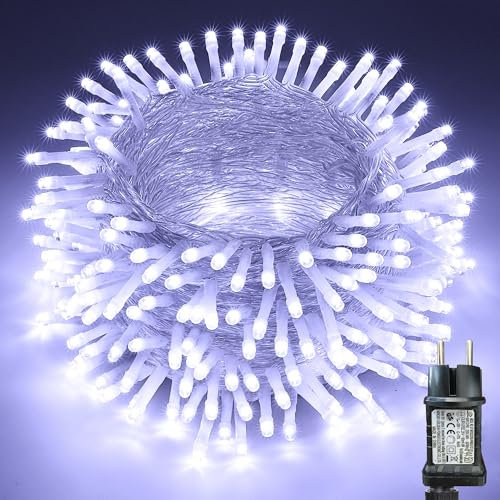 Moxled Guirlande lumineuse d'extérieur 10 m - 100 LED - Blanc - Fonction d'enregistrement et minuterie - Câble transparent - 8 modes d'éclairage - Éclairage de Noël pour jardin, arbre