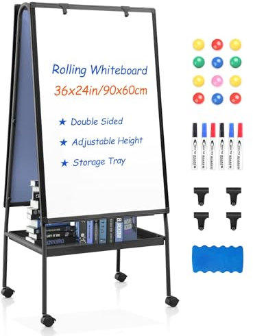 MAKELLO Flipchart Ständer, 90x60cm, mit Ablageschale, Flipcharts Whiteboard Magnetisch, Doppelte Schreibfläche Höhenverstellbar, Schwarz, Vierbein mit Rollen Flip Chart für Büro, Schule, Zuhause