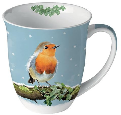Ambiente Porzellan Tasse ca. 400ml Becher Bone China Mug Für Tee Oder Kaffee Herbst Winter Weihnachten Christmas Robin on branch