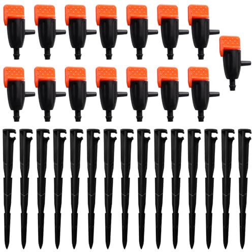 VooGenzek 15 Stücke Verstellbare Mikro-Sprühstrahler für 4/7 mm Tropfschläuche, Gartenbewässerungstropfer, Tropfsystem Bewässerungsregner mit Bewässerungs Tropfstützen, für Garten, Rasen